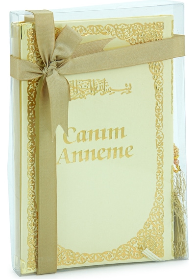 Anneye Hediye Kutulu İnci Tesbihli Ciltli Yasin Kitabı Seti Krem