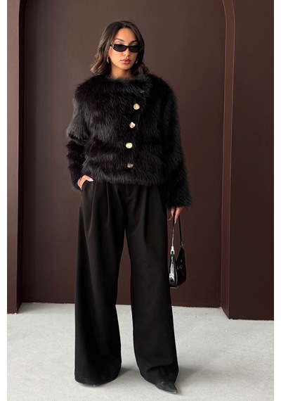 Verymoda Tavşan Tüyü Dügmeli Kaban F1970 Siyah