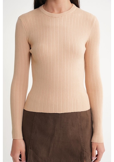 Mixray 6938 Kadın Bisiklet Yaka Fitilli Triko Body Camel