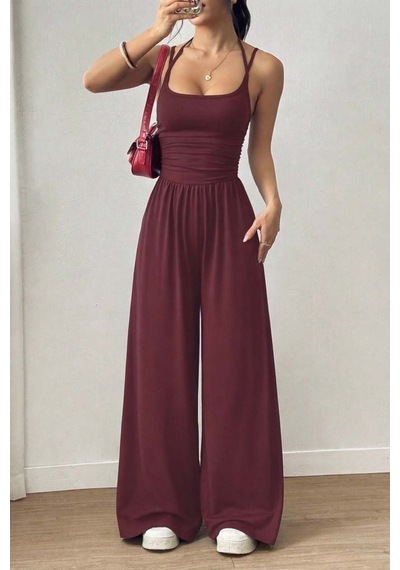 Efnaz Style Kadın Askılı Yuvarlak Yaka Uzun Viskon Tulum Bordo