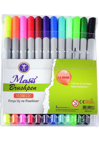 Brushpen Çift Uçlu Fırça Uç Ve Fineliner Uçlu 12 Renk Pvc Paket