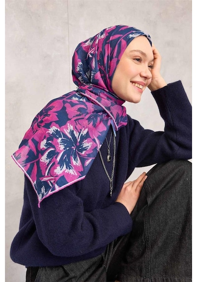 Silk Home Pamuk Polyester Soft Eşarp Mavi Fuşya Büyük Papatya Desenli Tok Duruşlu 90x90 Çok Renkli