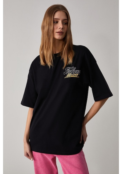 Grımelange CAITLYN Kadın Oversize Bisiklet Yaka Siyah T-Shirt