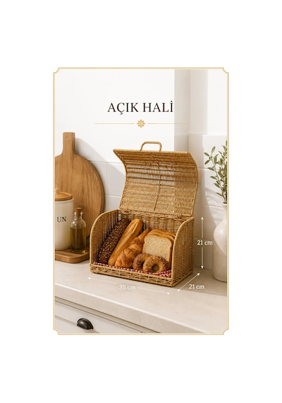 Ekmek Dolabı Kapaklı, Hasır Detaylı 35 Cm Krem