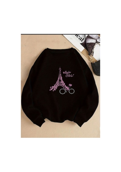 Herkesemoda Eyfel Baskı Detaylı Bisiklet Yaka İçi Polarlı Sweatshirt Siyah