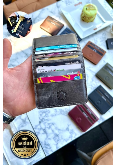 Rixe Antik Gri Unisex Hakiki Deri Kartlık Cüzdan Ultra Ince Kişiye Özel Isim Baskılı Gri