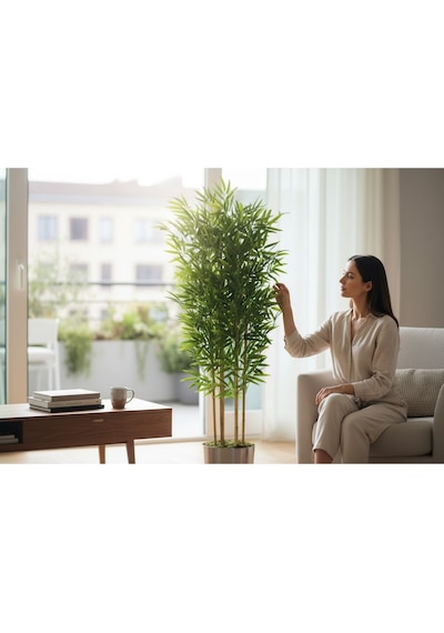 Yapay Bambu Ağaç 150 Cm 6 Dallı Yogun Yaprak Metal Gümüş Saksı Yeşil