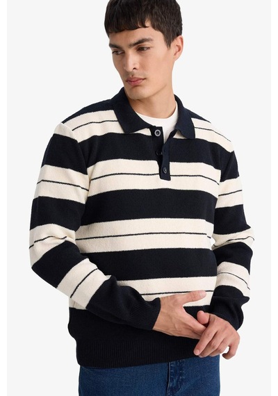Defacto Standart Fit Polo Yaka Renk Bloklu Triko Kazak F7180ax25wnnv64 Lacivert-nv64