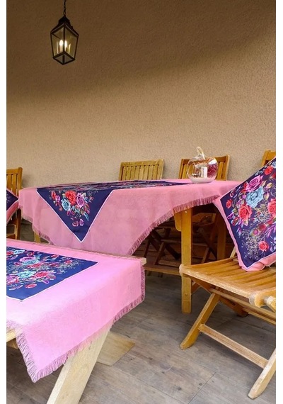 Pembe Lacivert El Yapımı Masa Örtüsü Seti