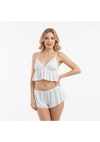 Bonbon Kadın Çapraz Askı Detaylı Saten Şortlu 2 Li Set Bb2051 Beyaz