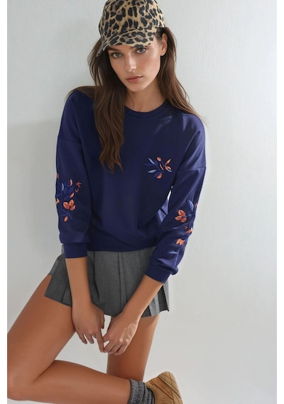 Hiccup Modal Dokulu İşlemeli Bisiklet Yaka Sweatshirt Berşan Collection Lacivert