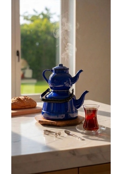 Nostalji Çaydanlık Takımı Renkli Alt 3,3 Lt Üst 1,5 Lt Mavi