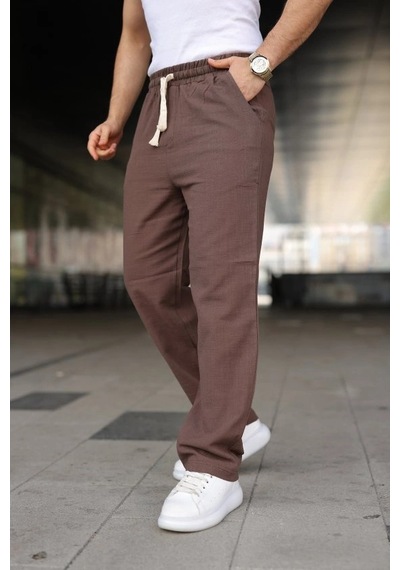 Defymoda Erkek İthal Yıkamalı Keten Pantolon Kahverengi