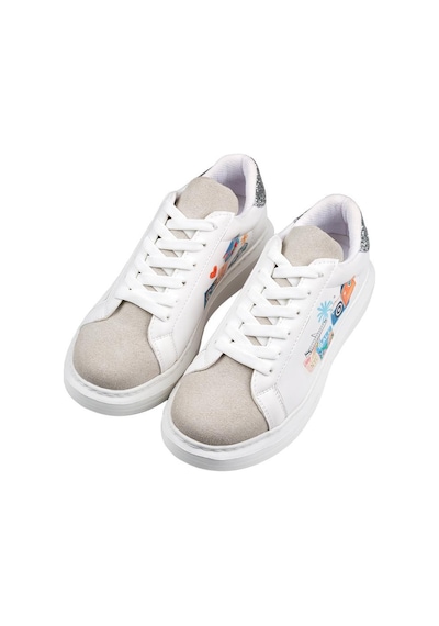Kadın Vegan Deri Beyaz Sneakers - Travel Collage Tasarım Çok Renkli