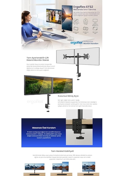Ef52 Steel Design 2-8 Kg Çift Kol 13-27 Asansörlü Monitör Standı