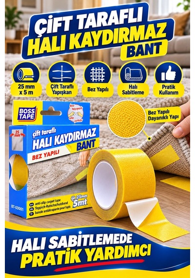 Çift Taraflı Halı Kaydırmaz Bant 25 Mm 5 Metre Bez Yapılı Halı Sabitleme Bandı