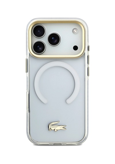 Apple Uyumlu iPhone 17 Pro Kılıf Lacoste Lisanslı M-safe Özellikli Gold Timsah Logolu Buzlu Kapak Beyaz Beyaz