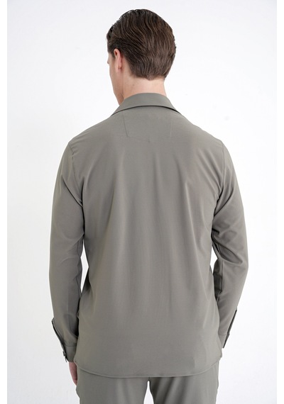 Comfort Fit Apaş Yaka Doku Desenli %100 Pamuk Haki Gömlek Ceket G 1601