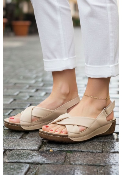 Napa Shoes Hakiki Deri Arka Bantlı Çapraz Rahat Taban Kadın Sandalet Napa-224 Bej