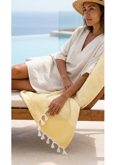 Calmera Çizgili Peştemal Pamuk - Doğal Saçaklı Plaj, Deniz, Havuz, Spa, Sauna, Spor, Seyahat Havlu - Sarı