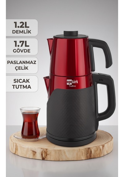 Egetürk Coverlı Elektrikli Çay Makinesi, Çaycı 2000w 1.7l Su Isıtıcı 1.2l Demlik Paslanmaz Çelik Kırmızı