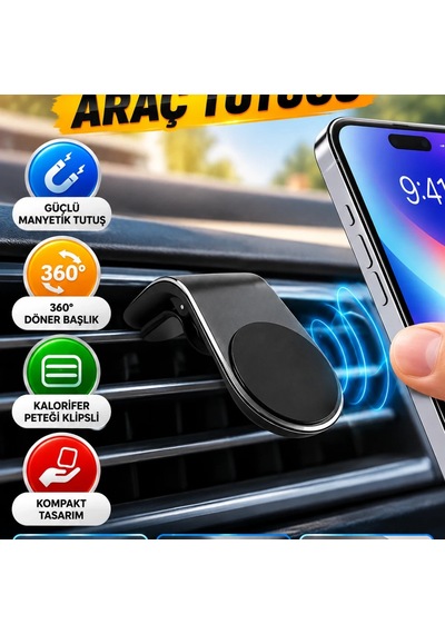 Manyetik Araç İçi Telefon Tutucu Kalorifer Peteği Klipsli 360 Döner Başlık