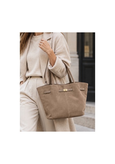 Nura Collection Vizon Kadın Hakiki Süet Büyük Boy Kilitli Omuz Çantası Bej - 937446063 Bej