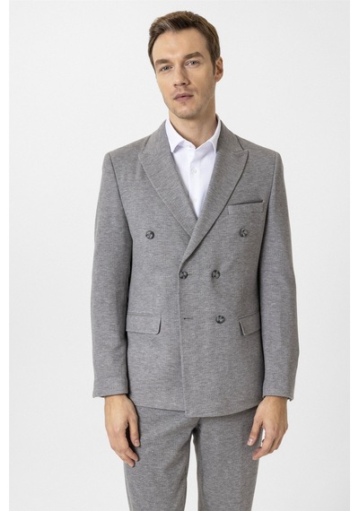 Süvari Gri Slim Fit Desenli Kruvaze Yaka 6 Drop Spor Takım Elbise