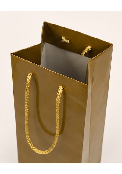 Şişelik İpli Altın Karton Poşet, 25 Adet - 12x10x38 Cm, Kalın Yap