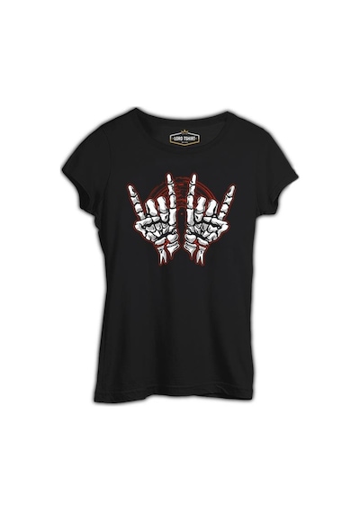 Skeleton Hands Making Rock Sign Siyah Kadın Tshirt 001