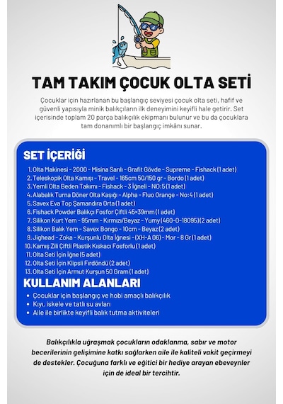 20 Parça Tam Takım Çocuk Olta Seti - 165cm Kamış 50-150 Gr/20'lik Makine Mavi