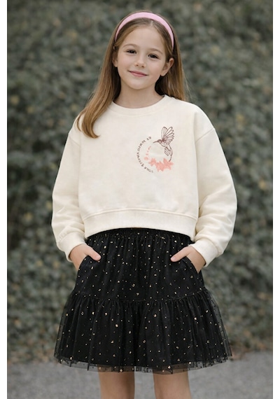 Kız Çocuk Nakış Detaylı Uzun Kollu Sweatshirt Vanilya Renk 5 10 Yaş Beyaz