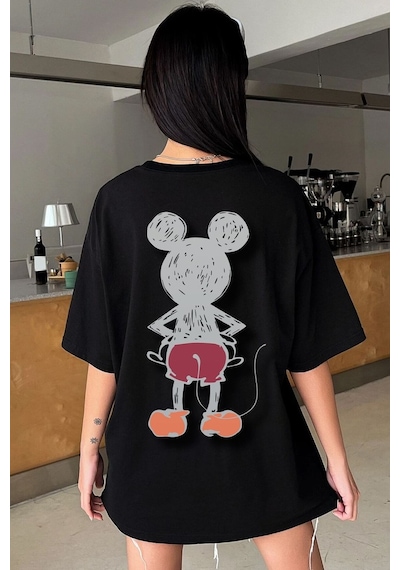 Unisex Mause Baskılı T-shirt Siyah