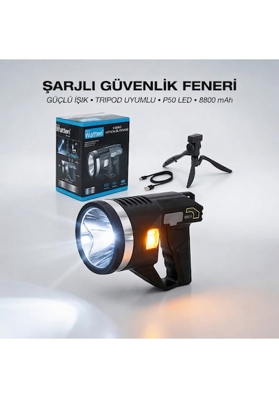 Tripodlu Şarjlı Güçlü Şarjlı El Feneri Watton 416 Kamp, Şantiye Ve Dış Mekan P50 Led 5 Mod Siyah