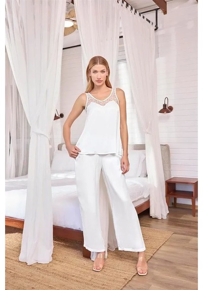 Ang Butik Kadın Dantelli Ve Dekolteli Saten Pijama Takımı BEYAZ