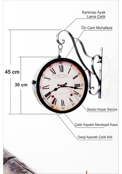 Büyük 45cm Sessiz Yuvarlak Çelik Çift Taraflı Caml Dikey Duran İki Yönlü Duvar Saati Station Clock Çok Renkli