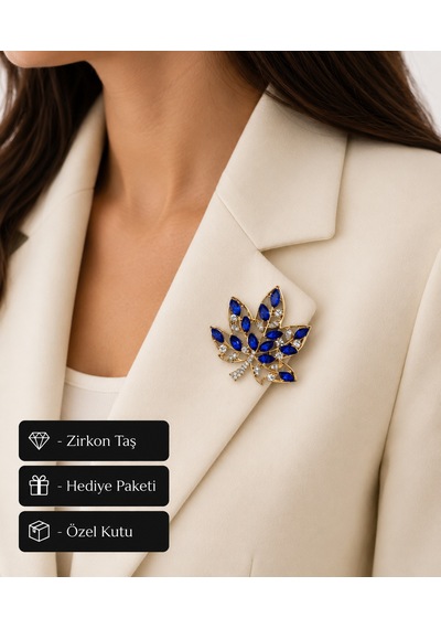 Hediye Saks Mavisi Taşlı Yaprak Kadın Broş Altın Renk Premium Tasarım Rozet Açık Gri