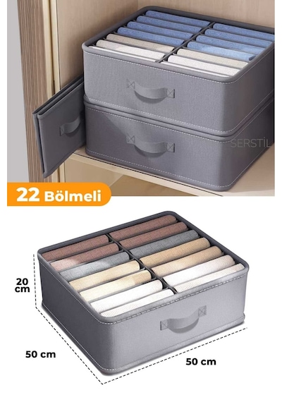 Serstil 22 Bölmeli Kıyafet, Havlu, Nevresim Dolap İçi Düzenleyici Kutu - 50x50x20cm Antrasit