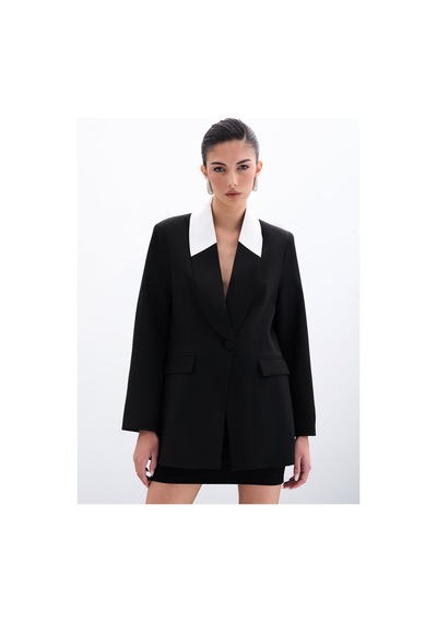 Sateen Kontrast Uzun Ceket - Siyah-135800 Siyah