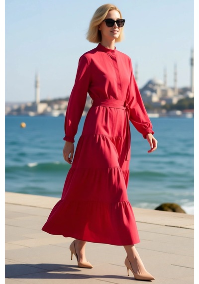Benerly Kadın Maxi Elbise Dik Yaka Yarım Patlı Kuşaklı A-line Kesim Uzun Pembe