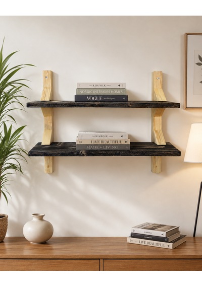 Modern 2 Katlı Ahşap Duvar Rafı Dekoratif Masif Ahşap Kitaplık Ve Duvar Rafı Siyah