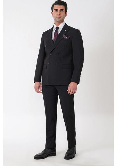 Efor Slim Fit Esnek %97 Yünlü Düz Siyah Kruvaze Takım Elbise Tk 956