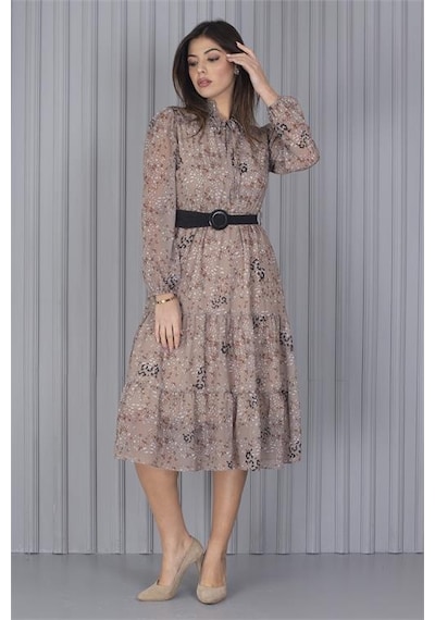 Neşeli Butik Kadın Kemerli Leopar Desenli Yeni Sezon Midi Boy Şifon Elbise Apcx04 Bej
