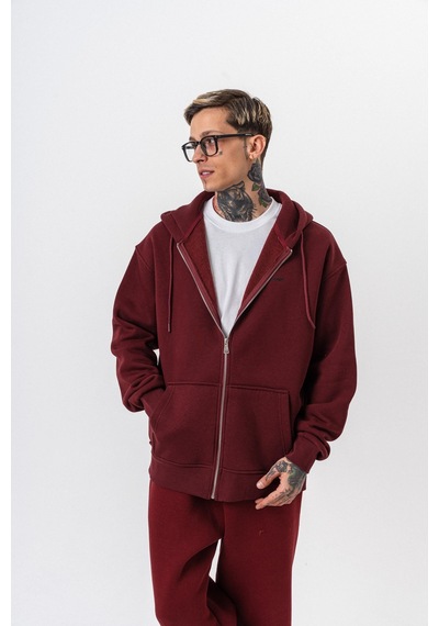 Erkek Respire Yazı Detaylı Kapüşonlu Basic Zip Oversize Hoodie Bordo