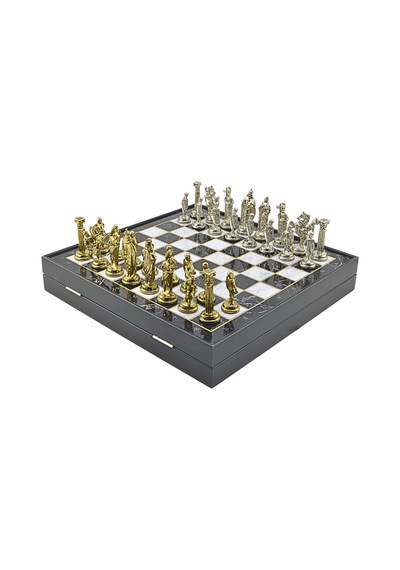 Gifthome Büyük Boy Metal İngiliz Satranç Takımı Parlak Ve Mermer Desenli Sandıklı Mdf Tahtası 36x36x6 Cm.
