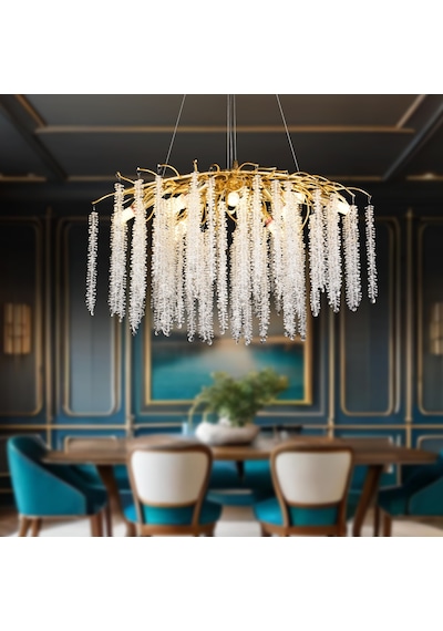 Dina Serip Yemek Masa Üstü Gold Kaplamalı Modern Tasarım Salon Kristal Sarkıt Avize Gold