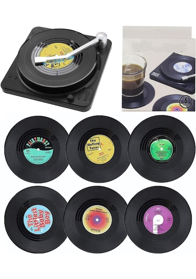 Eski Plak Çalar 7 Parça Dekorlu 6 Lı Bardak Altlığı Vintage Plak Retro Müzik Vinil Dekoru Çok Renkli - Siyah