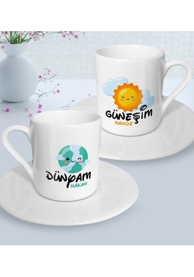 Kişiye Özel Güneşim Ve Dünyam Ikili Türk Kahvesi Fincanı Seti-1