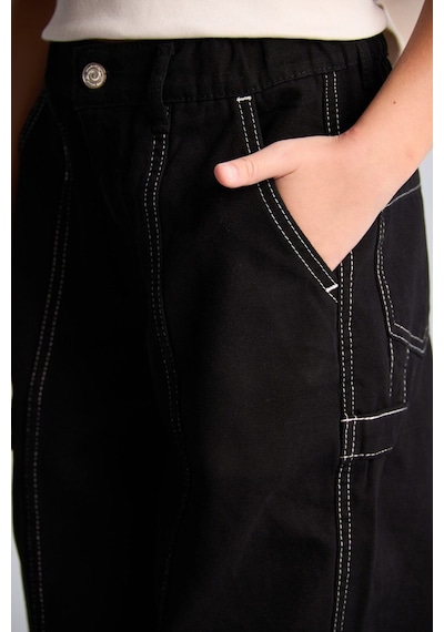 Defacto Kontrast Dikişli Barrel Fit Esnek Bantlı Paça Gabardin Pantolon Kız Çocuk I3480a826wnbk81 Siyah-bk81