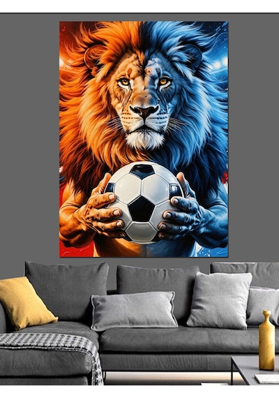 Ahşap Tablo Futbol Topu Tutan Aslan